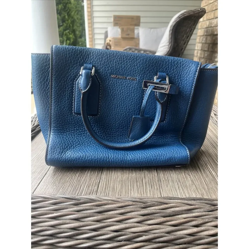 Michael Kors Kellen Saffiano Purse Leather Medium Satchel Crossbody Blue